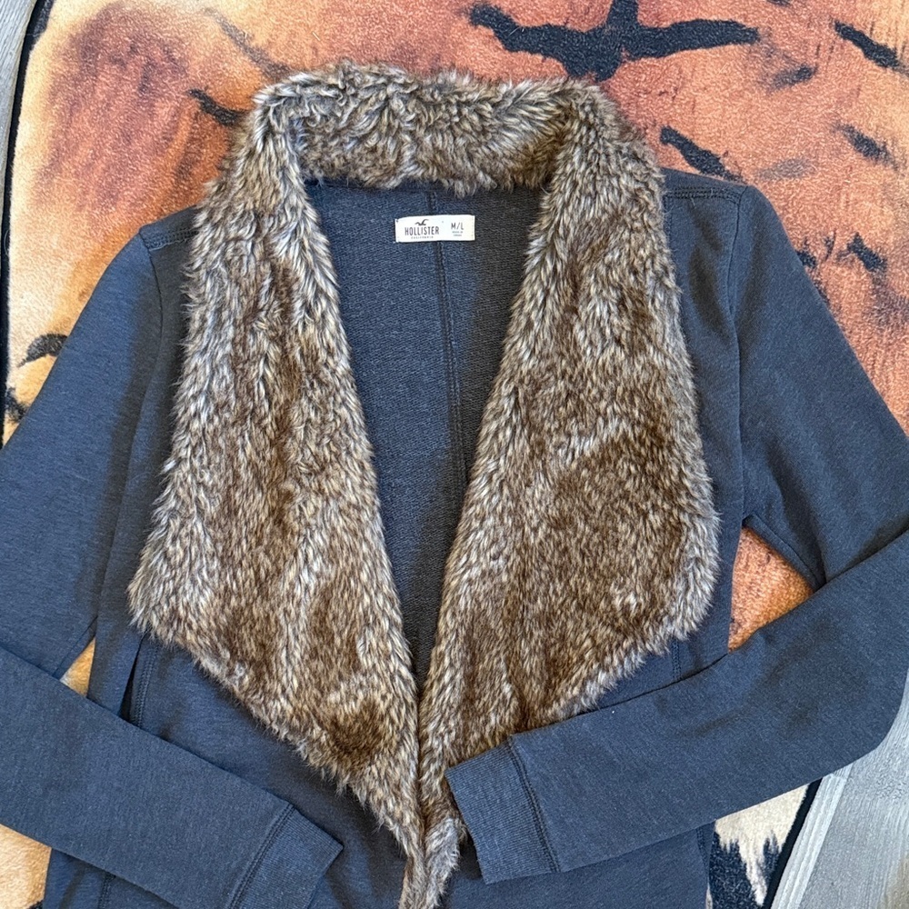 Hollister Charcoal Cardigan with Faux Fur Collar